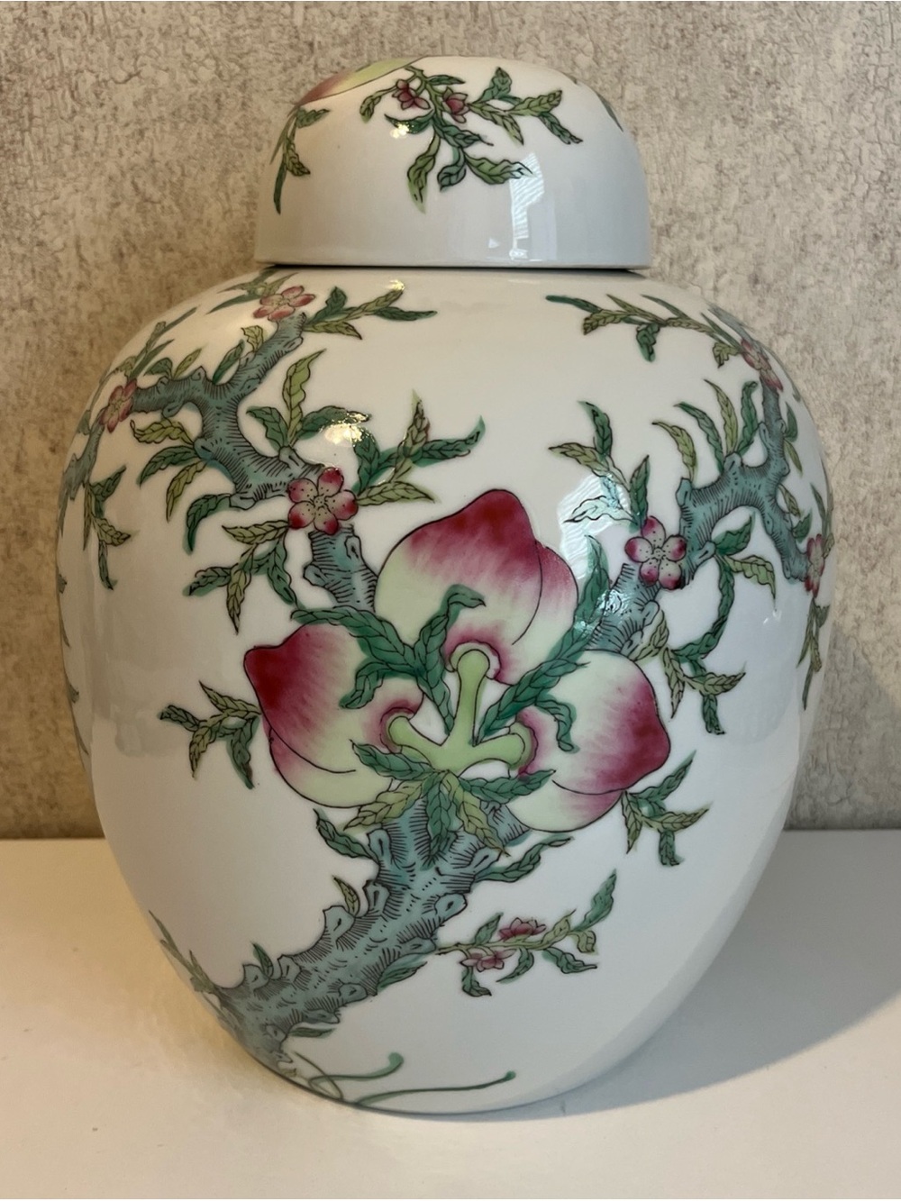 Ginger Jar floral lidded Japanese porcelain peaches ACF stamp Hong Kong 12.5”